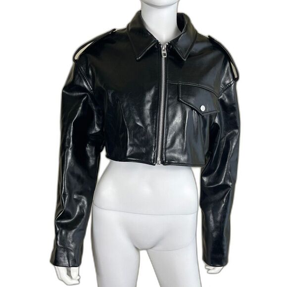 Zara Women's Size L Black Faux Leather Cropped NEW Jacket Boxy Blogger Moto Punk - Picture 1 of 17